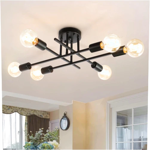 Rviezza 6-Lights Semi Flush Mount Modern Ceiling Light Fixture, Industrial Ceiling Light, Black Vintage Metal Sputnik Chandelier, Farmhouse Lighting for Kitchen Dining Room Living Room Bedroom
