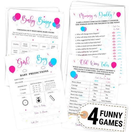WOODAMORE Baby Gender Reveal Games For Guests - 4 Funny Baby Shower Games For Gender Reveal Party Decoration, Baby Shower Bingo Game, Boy Or Girl Baby Prediction Cards, Old Wives Tales, Mommy Or Daddy
