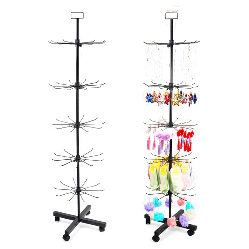 Exttlliy Retail Display Stand Store Display Rack 5 Tier Metal Spinning Display Stand Rack with Wheels Keychain Display Rack with Hooks Jewelry Socking Hat Display Stand for Malls, Showroom, Retail