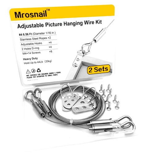 Mrosnail 2Pcs Adjustable Picture Hanging Wire Kit - 2m x 1.5mm Heavy Duty Stainless Steel Wire Rope with D Rings, Holds Up to 44lbs (20kg) - Versatile for Mirrors, Frames, Lamps & More