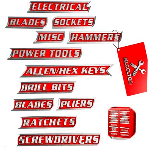 NLCCLTQ Magnetic Tool Box Labels Black for Organization Magnet Toolbox Cart Chest Accessories Drawers Organizer Heavy Duty 12 Pack of Magnets Label Us General Custom Premium 3D Breaker Stickers（Red）