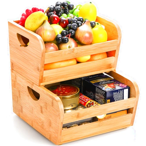 DEAYOU 2 Pack Bamboo Storage Bins, Use as 2 Tier Bamboo Serving Basket, Natural Food Organize Basket Box with Handle for Counter Top, Veg, Bread, Pantry