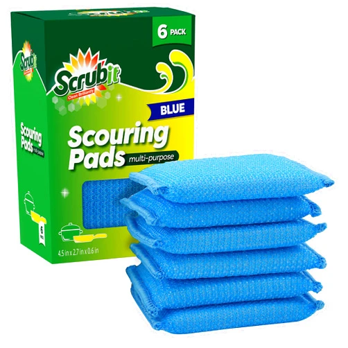 SCRUBIT Multi-Purpose Scouring Pad - Non-Scratch Cleaning Sponges for Pots, Pans, Dishes, Utensils & Non-Stick Cookware - Scrubbing Pads Use for Kitchen, Bathroom - 6 Pack Dish Sponge - (Blue)