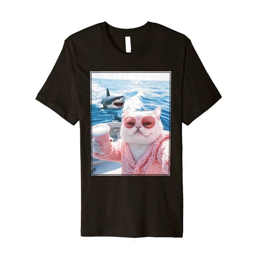 Chill Coffee Cats Surreal Retro Kitten Aesthetic Fat Cat on a Yacht Boat with Shark Cool Funny Cat Meme Premium T-Shirt