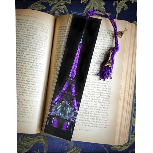 JWPhotography Gallery The Eiffel Tower in Purple Paris France Europe at Night City Lights Bookmark w/Gold Tone Tower Charm Fine Art Photography Photo Laminated Handmade Bookmark