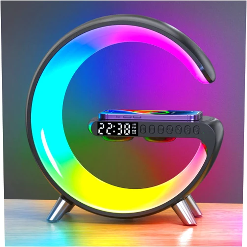 BKDRL Bluetooth Speaker Wireless Charger with Portable Small Mini Speaker,Wireless Atmosphere Lamp,Multifunctional RGB Night Light Alarm Clock & Charging Station,App Control (Black) (ZORAST-803)