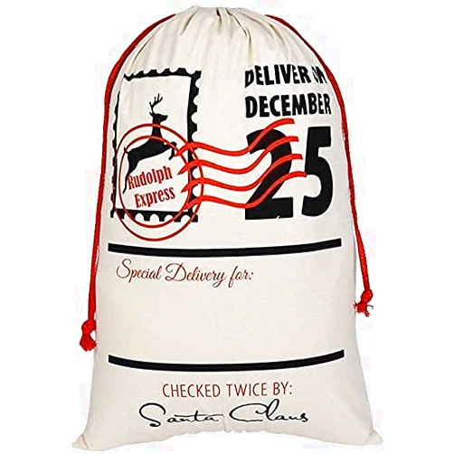 Posh Soiree Canvas Santa Sacks Checked Twice by Santa - Drawstring Christmas Bags for Xmas Presents - Santa Sack Blanks - Eco-friendly Cotton Customizable Burlap Gift Bags - 19” x 27” (Beige)