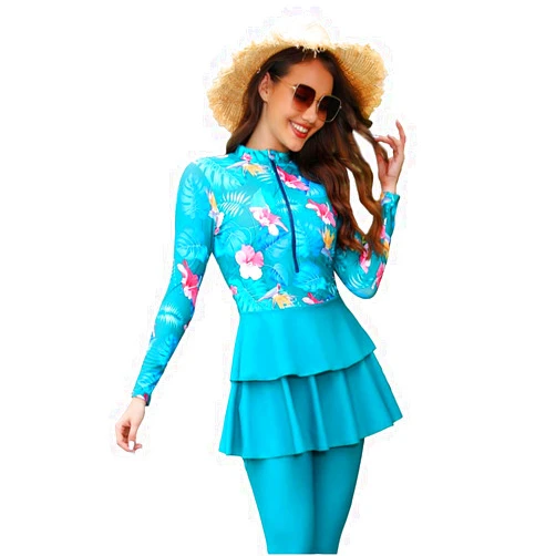 IBAKOM Muslim Swimsuit for Women Full Coverage Floral Burkini Modest Islamic Bathing Suit with Hijab Surfing Rash Guard Set