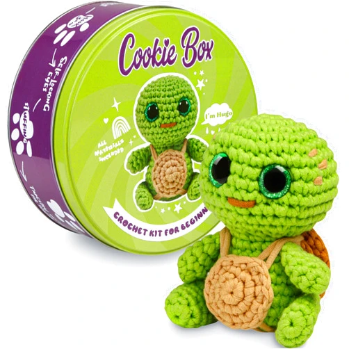 Cookie Box Crochet Kit for Beginners – Gift Set to Make Turtle Hugo Amigurumi Plushie – Easy DIY Crochet & Knitting Starter Kit with Video and PDF Tutorials