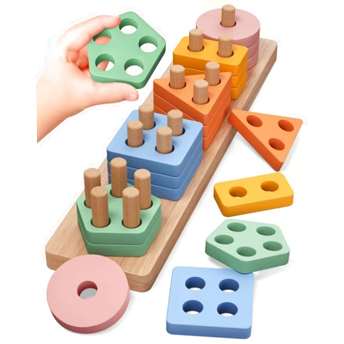 PEBIRA Montessori Toys for 1 2 Year Old, Wooden Sorting and Stacking Toys for Toddlers, Baby Shape Sorter and Color Stacker Blocks for Toddler, Preschool Learning Toy, Gift for 12-18 Month Boys Girls