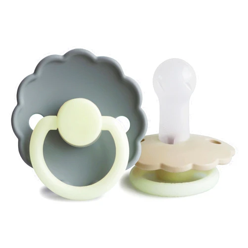 FRIGG Daisy Night SilkySoft Silicone Baby Pacifier | Made in Denmark | BPA-Free (French Gray/Croissant, 6-18 Months)