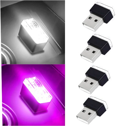 Hbxdeco 4 PCS USB LED Car Interior Atmosphere Lamp, Portable Mini Auto LED Decor Night Light, Plug-in USB Interface Ambient Lighting Kit, Universal Car Interior Accessories
