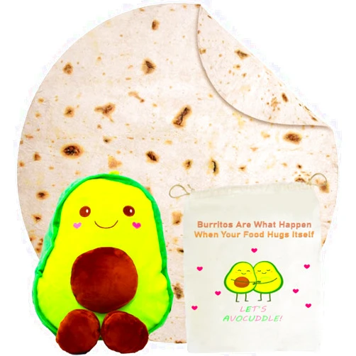 KINIA Giant Burrito Tortilla Blanket Set - 2.0 Double Sided - 71 inch 285 GSM Soft Flannel Novelty Taco Blanket with Fun Storage Bag + Big 16.5 inch Soft Stuffed Cute Avocado Plush Toy