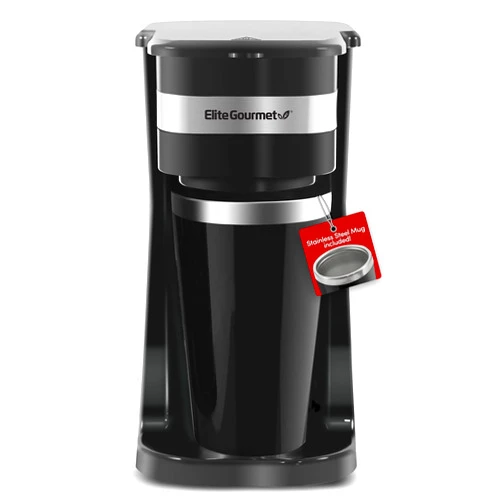 Elite Gourmet EHC114 Personal Single-Serve Compact Coffee Maker Brewer Includes 14Oz. Thermal Travel Mug with Stainless Steel Interior, Compatible with Coffee Grounds, Reusable Filter, Black