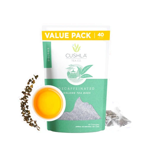 CUSHLA Decaf Oolong Tea Bags Value Pack, Decaffeinated Hot or Cold Brew, Smoky, Woodsy, Nutty Notes Delicate Toasty Finish - 40 Decaf Oolong Tea Bags