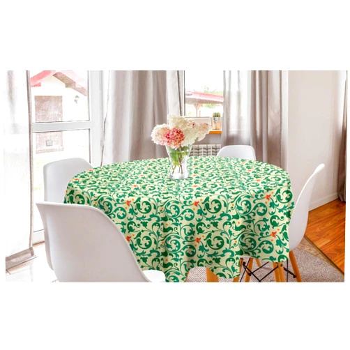 Lunarable Abstract Round Tablecloth, Gardening Items Greenery Flourishing Curves Leafy Items Pattern Print, Circle Table Cloth Cover for Dining Room Kitchen Decoration, 60