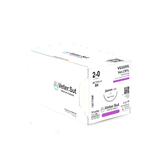 Veterinary Sutures VeterSut VetCRYL Absorbable Polyglactin Surgical Suture USP Size 2-0, (SH) 1/2 26mm Taper Point Needle, 36 Inches (90 cm), 12 Count, Veterinary Use