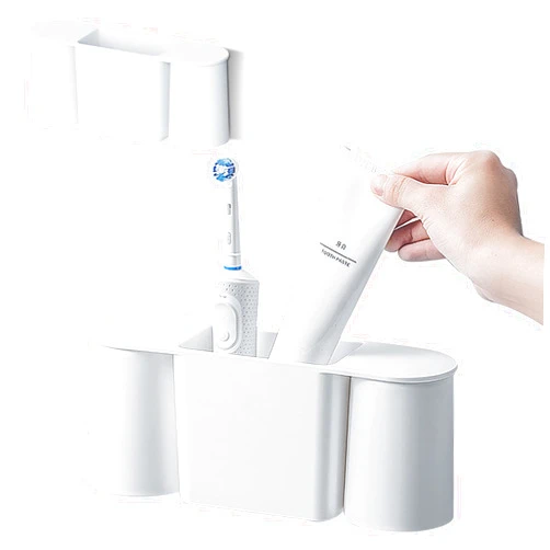 MoonlyTree Toothbrush Holder Set Wall Mounted for Bathroom, 1/2/3 Cups Toothbrush Holder Set with Drain Hole, Self-Adhesive Hanging Mount for Toothpaste, Shaver, and Electric Toothbrush