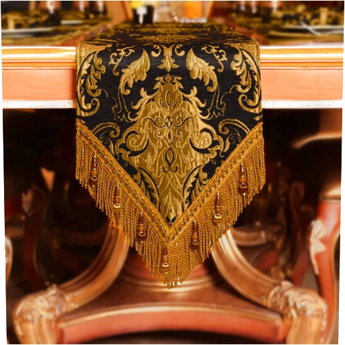 Loom and Mill Luxury Chenille Table Runner 120 Inches Long, Black Damask Jacquard Table Runners with Multi-Tassels for Halloween Dining Room Dresser Party Holiday Banquet Decorations(Black,13*120inch)