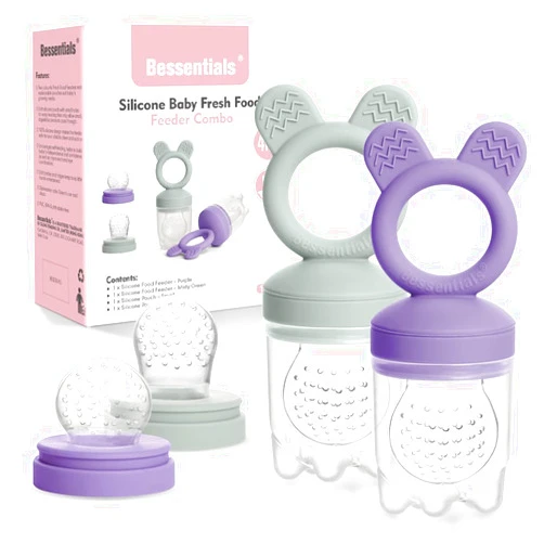 Bessentials Baby Fresh Fruit Food Feeder - 2 Pack Silicone Baby Mesh Feeders for Infant Safe Self Feeding |3 Sizes Food Pouches Included| Suitable for Baby 4m+（ Purple+Misty Green）