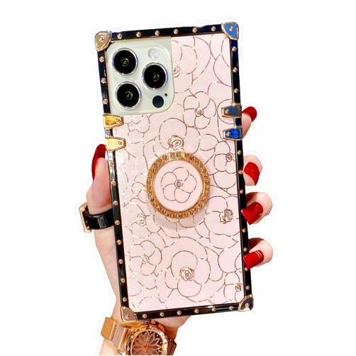 XiaYong for Samsung Galaxy A13 Trunk Case Luxury for Women Girls Design Bling Glitter Square Gold Edge Flower Soft Fancy Cover with Finger Ring Grip Kickstand Phone Skin,Pink