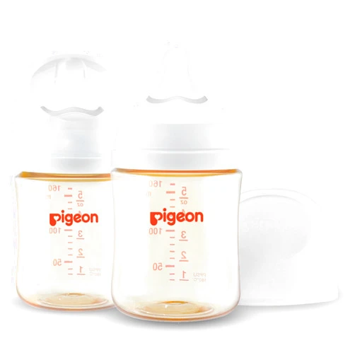 Pigeon PPSU Nursing Baby Bottle Wide Neck, Anti-Colic, Streamlined Body, Natural Feel, Easy to Clean, 5.4 Oz(Pack of 2), Includes 2pcs SS Nipples (0m+)