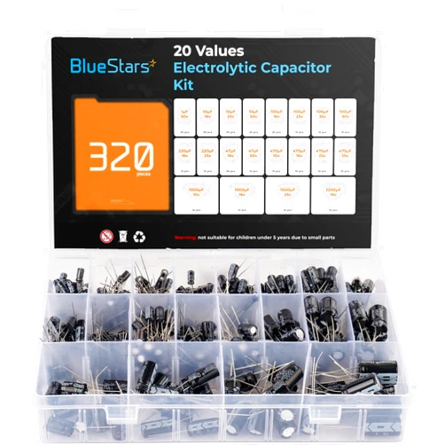 BlueStars 20-Value Aluminum Electrolytic Capacitor - 320 pcs - Assortment Box Kit 1uF 10uF 100uF 220uF 47uF 470uF 1000uF 2200uF, 20 Values with 320 Pieces 10V 16V 25V 35V 50V
