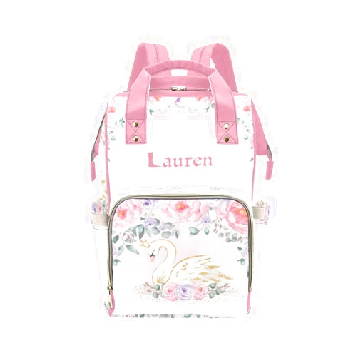 Anneunique Watercolor Floral Swan Pink Diaper Bags Backpack with Name Personalized Baby Bag Nursing Nappy Bag Travel Tote Bag Gifts