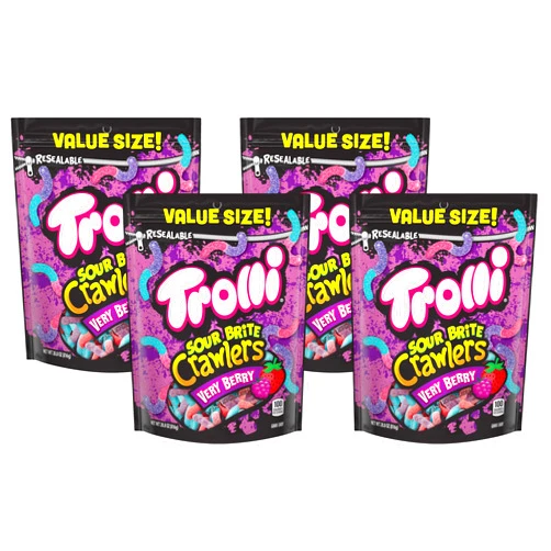 Trolli Sour Brite Crawlers, Very Berry, Sour Gummy Worms, 28.8 Ounce Resealable Bag (Pack of 4)