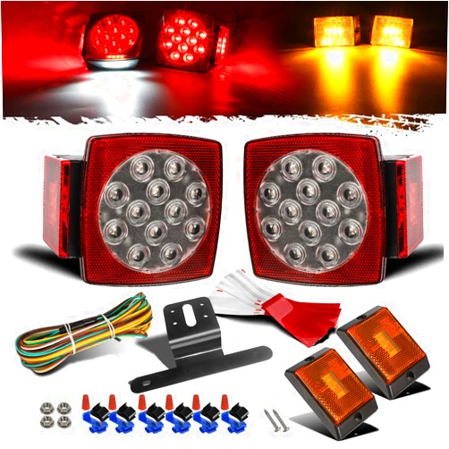 Partsam 12V Waterproof Square LED Trailer Tail Light Kit Clear Lens Red Trailer Brake Stop Tail Turn Signal Running Lights License Kit for Camper Truck RV Boat Trailer Snowmobile Marine Under 80