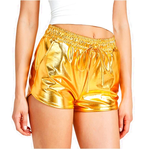BSJIA Metallic Shorts for Women with Pockets Shiny Sexy High Waisted Strentch Drawstring Dance Yoga Shorts