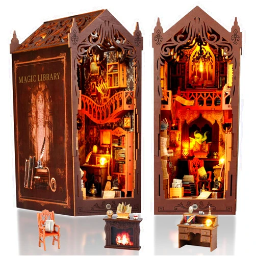 FASTSPOK DIY Book Nook Kit: 3D Wooden Puzzle Shelf Insert with LED Light - Miniature Dollhouse Bookend Decor for Adults and Teens - Creative Gift