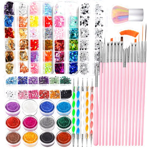 FANDAMEI Nail Art Kit, Nail Design Tools Kit with Nail Art Brushes, Nail Dotting Tools,Fine Glitter,Nail Butterfly, Nail Heart Glitter Sequins, Nail Foil Flakes, Nail Art Rhinestones, Nail Dust Brush