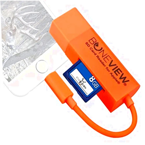 BoneView Trail Camera Viewer for iPhone, Corded SD Memory Card Reader Plays Video & Photo on All Latest Apple iOS iPad and iPhone Models