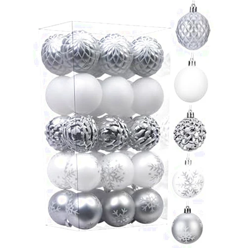 SHareconn 30ct 2.36 Inch Christmas Tree Balls Ornaments, Colored Shatterproof Plastic Decorative Baubles Decorations for Xmas Tree Decor Holiday Party Wedding Decoration (White & Silver, 60mm)