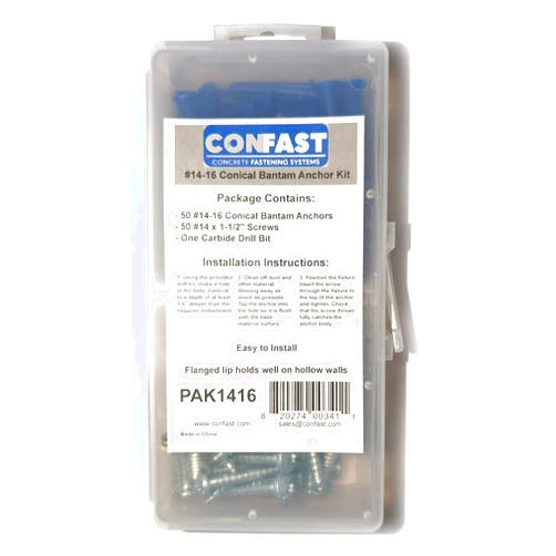 CONFAST® #14-16 Plastic Conical Blue Bantam Drywall Wall Anchor Kit PAK1416, Includes (100) Anchors, (100) Screws and (1) Drill bit (201 Pieces)