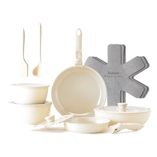 Redchef 16pcs Ceramic Pots and Pans Set Non Stick, Nonstick Kitchen Cookware Set with Detachable Handle, Non Toxic, PFAS PFOA & PTFE Free, RV Ceramic Cookware Set for Camping, Dishwasher/Oven Safe
