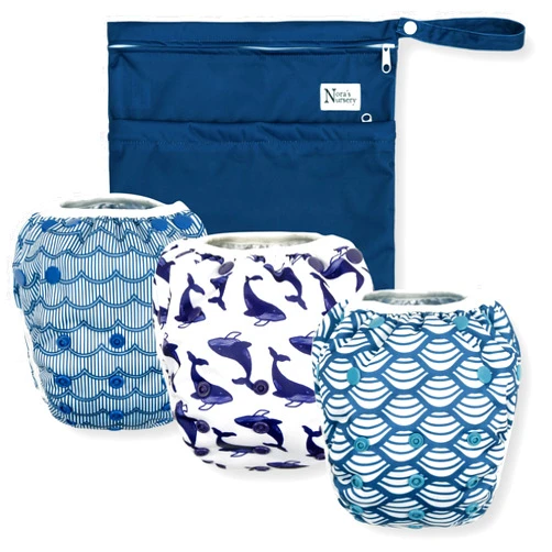 Nora's Nursery Reusable Swim Diapers and Wet Bag - One Size Fully Adjustable - Big Splash Unisex 3 Pack with Wet Bag