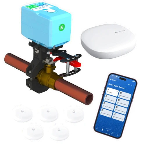 EcoNet Controls Bulldog Smart Water Shut-Off Starter Kit, Aeotec Hub & 5 Zigbee Leak Sensors, Alexa/Google Home Compatible, Z-Wave Plus Compatible, DIY Installation – No Plumbing Required