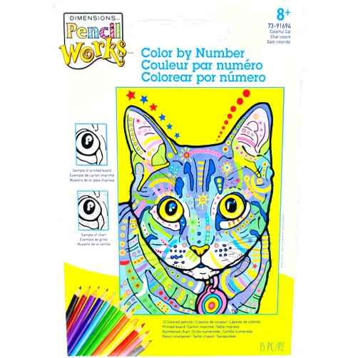Dimensions Cat, PencilWorks Color by Numbers Kit for Adults and Kids, 9'' x 12'