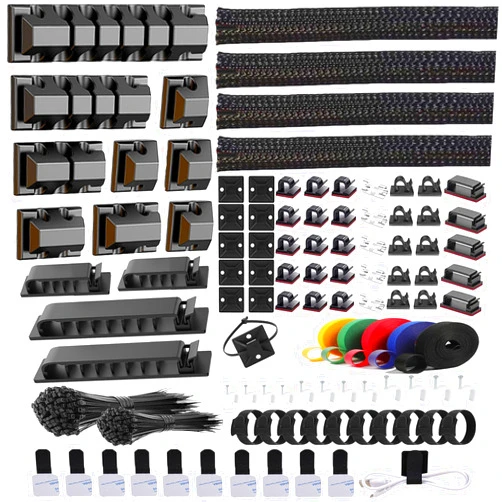 ELII 327 PCS Cable Management Kit 4 Cable Cable Sleeves,65 Cable Clips with 13Cord Holders,25 Roll Cable Organizer Straps,200 Fastening Cable Ties,20 Cable Zip Tie Mounts for Computer (Black)