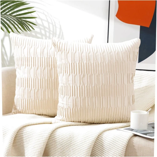 ETASOP 2Pack White Velvet Pillow Covers with Wave Striped Decorative, Luxury Soft Cushion Cases for Farmhouse Couch Sofa Living Room,18x18 Inches