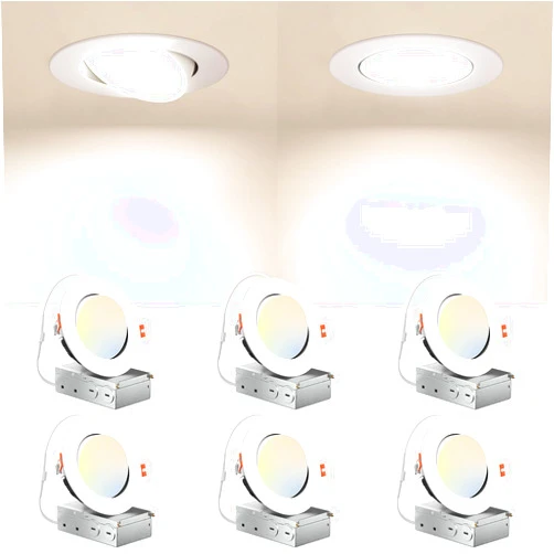 Amico 6 Pack 4 Inch 5CCT Gimbal Slim LED Recessed Lights with J-Box, Airtight Directional Dimmable Downlight, 2700K/3000K/3500K/4000K/5000K Selectable, 10W=70W 800LM, Angled canless Light -ETL&FCC