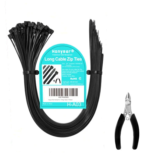 Honyear 24 Inch Cable Zip Ties Heavy Duty (with Wire Cable Cutters), Strong Large Black Zip Ties with 175 Pounds Tensile Strength, 50 Pack, Long Durable Nylon Black tie Wraps, Outdoor UV Resistant