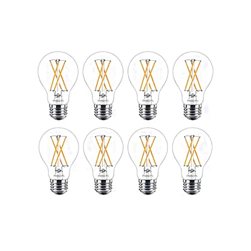 Philips LED Flicker-Free Dimmable Warm Glow Effect A19 Classic Glass Light Bulb, 800 Lumen, 2200-2700K, 8W=60W, E26 Base, Title 20 Certified, 8-Pack