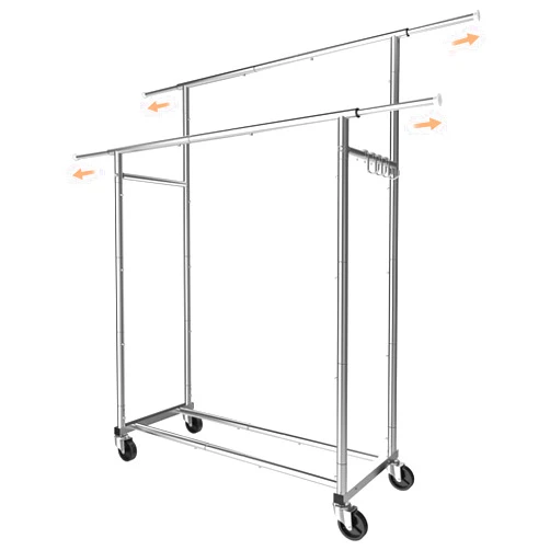 Simple Trending Double Rod Clothing Garment Rack, Rolling Clothes Organizer on Wheels for Hanging Clothes,with 4 hooks, Chrome