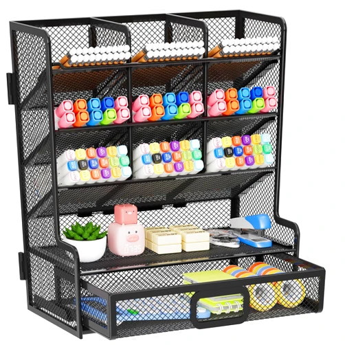Marbrasse Larger Mesh Desk Organizer with Drawer, Multi-Functional Pen Pencil Holder, Easy Assembly, Desk Organizers and Accessories for Office Art Supplies (Black)
