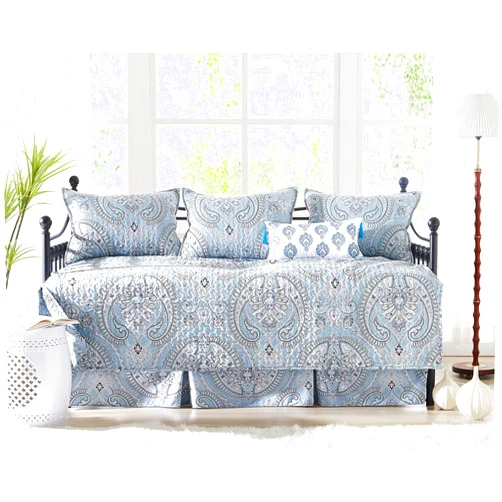 Southshore Fine Living, Inc. Twin Daybed Comforter Set, 6-Piece Twin Boho Bedding Set with Daybed Cover, 3 Pillow Shams, Bed Skirt, Throw Pillow - Twin Day Bed Quilt Set, Pure Melody Aqua