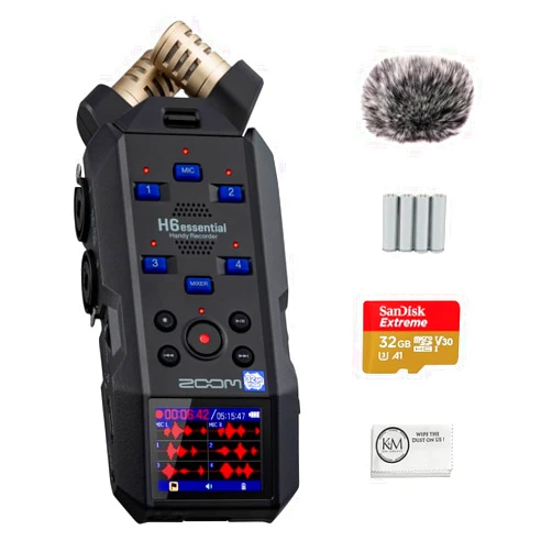 Zoom H6essential 6-Track 32-Bit Float Portable Audio Recorder Bundled with 32GB Micro-SD Card + Furry Wind Screen + 4 x AA Batteries + Cleaning Cloth (5 Items)