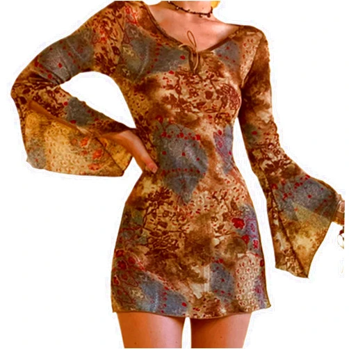 Owl's-Yard Women Y2K Vintage Print Dress Flare Sleeve Ruffles V Neck Sheath Dress Harajuku Bodycon Mini Dress Club